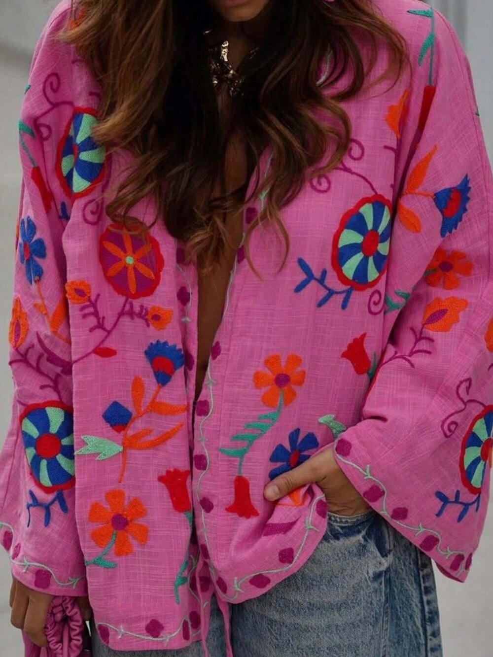 Multicolor Casual Women's Embroidered Kimono Style top